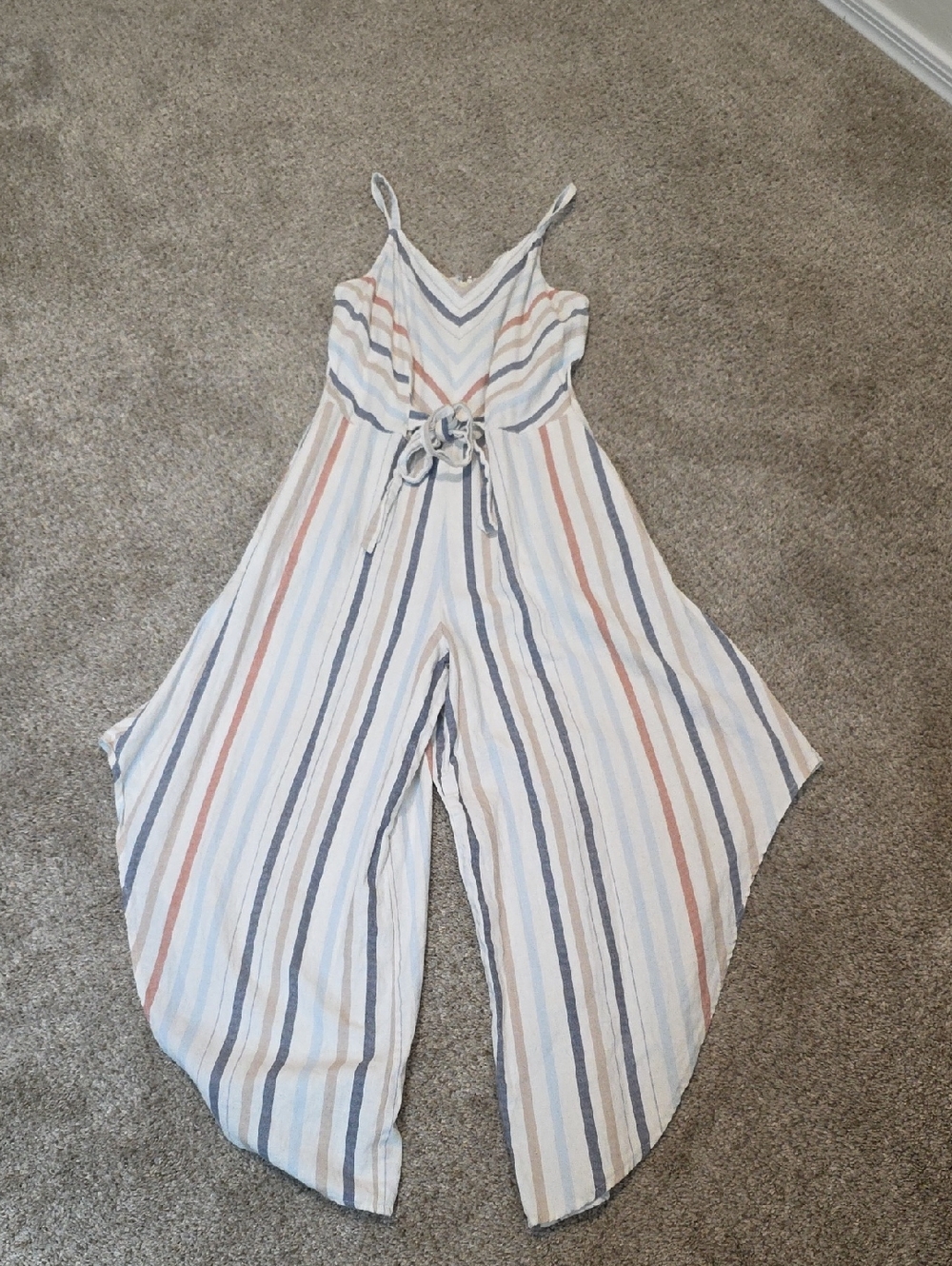 Striped V-Neck Wide-Leg Jumpsuit - White Multi
